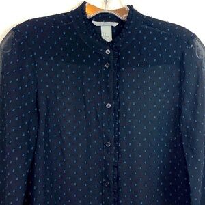 H&M Sheer Clip Dot Button Down High Neck Ruffle Detail Blouse